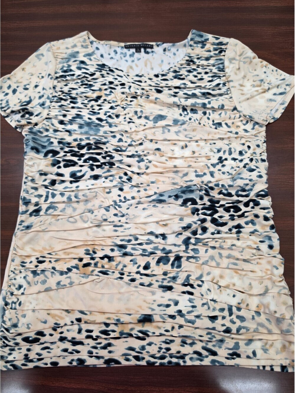 Antonio Melani L Cream Blue Animal Print Ruched Pleat Front Top Cheetah Luxury